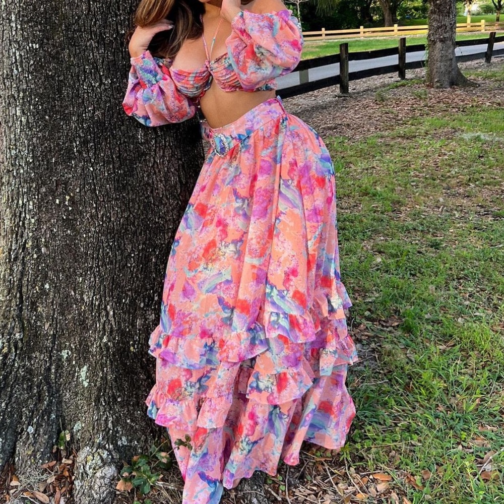 2 Piece Skirt Set Pink Print Chicways Sz L